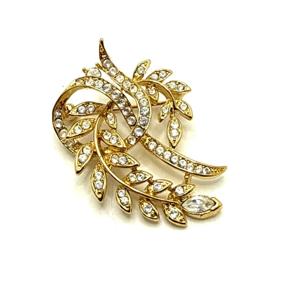 Vintage NWOT Napier Gold Tone Clear Rhinestone Brooch Floral  Fern Ribbon Pin 2
